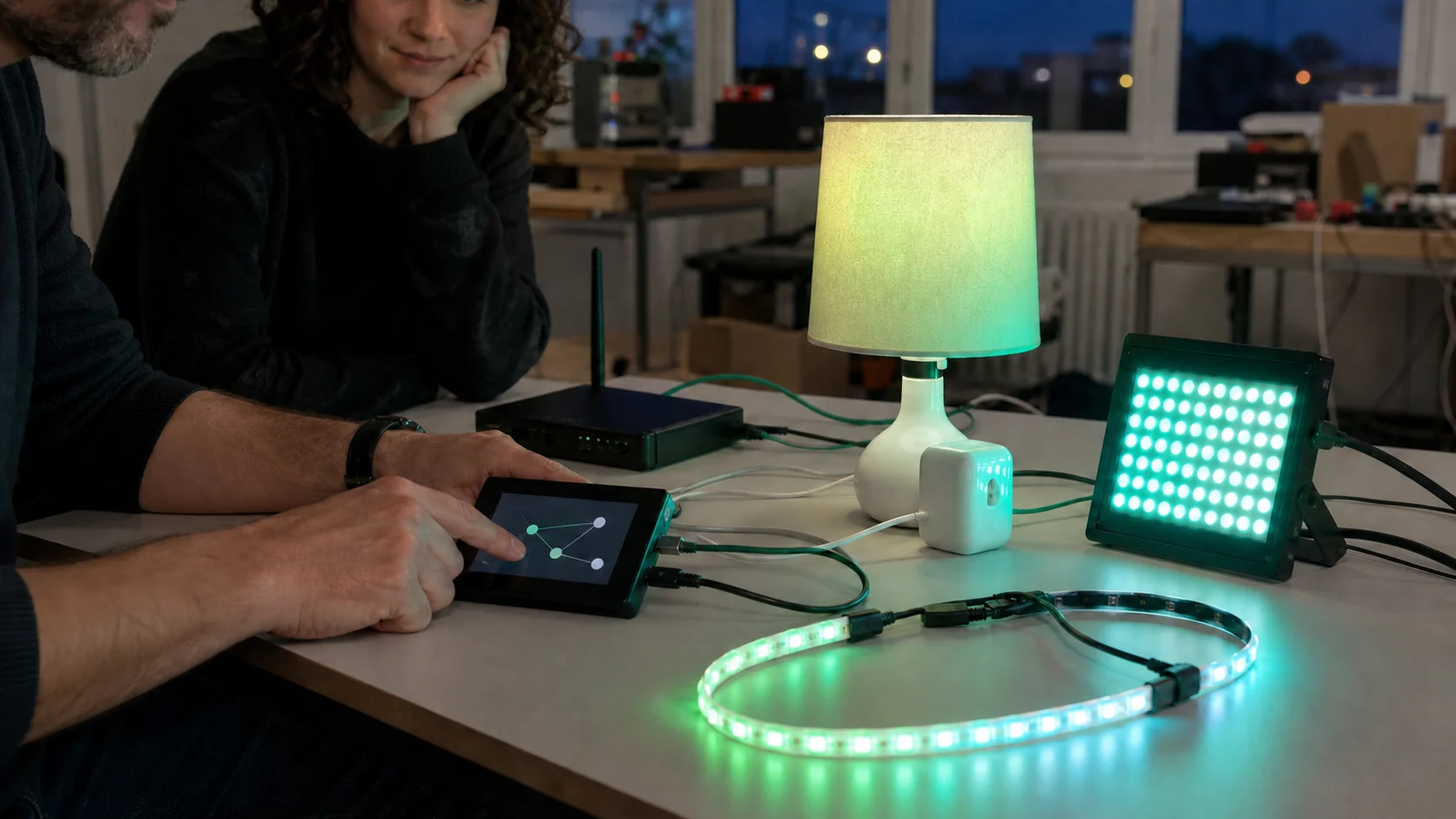 Projection d’un atelier prototype reliant le terminal à des lumières volontaires