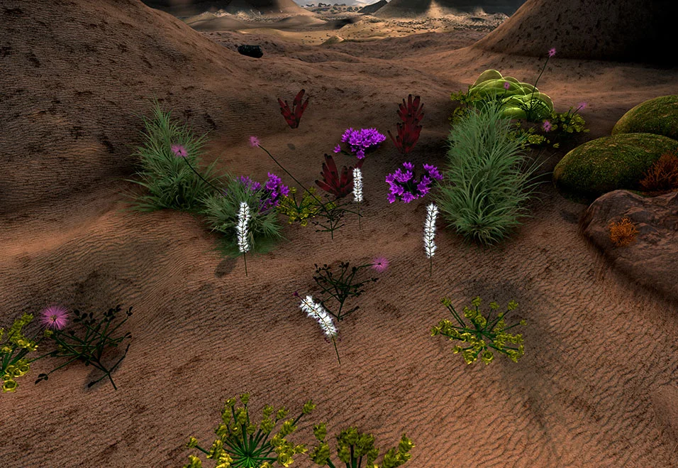 Simulation de plantes évoluant dans un paysage martien dans The Wilding of Mars