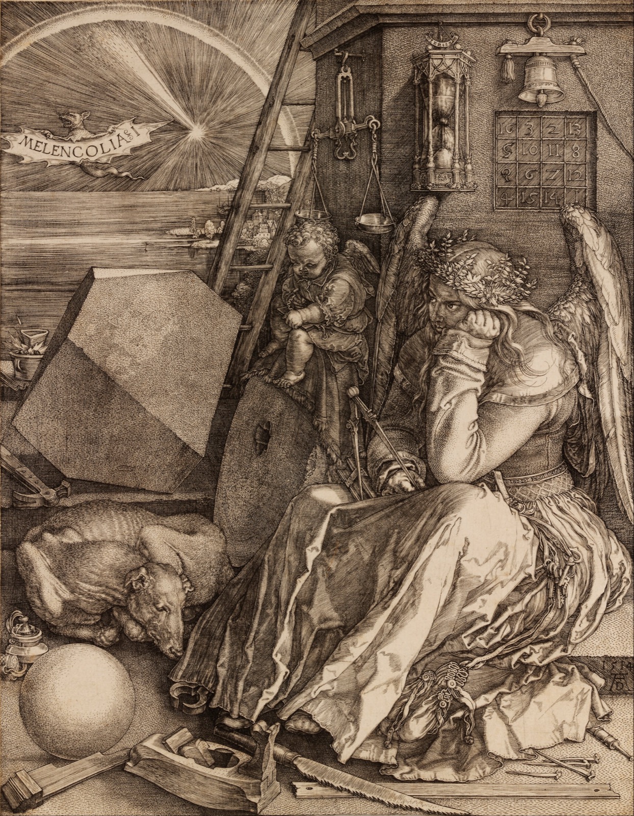 Figure ailée entourée d’instruments de géométrie, de mesure et de construction
