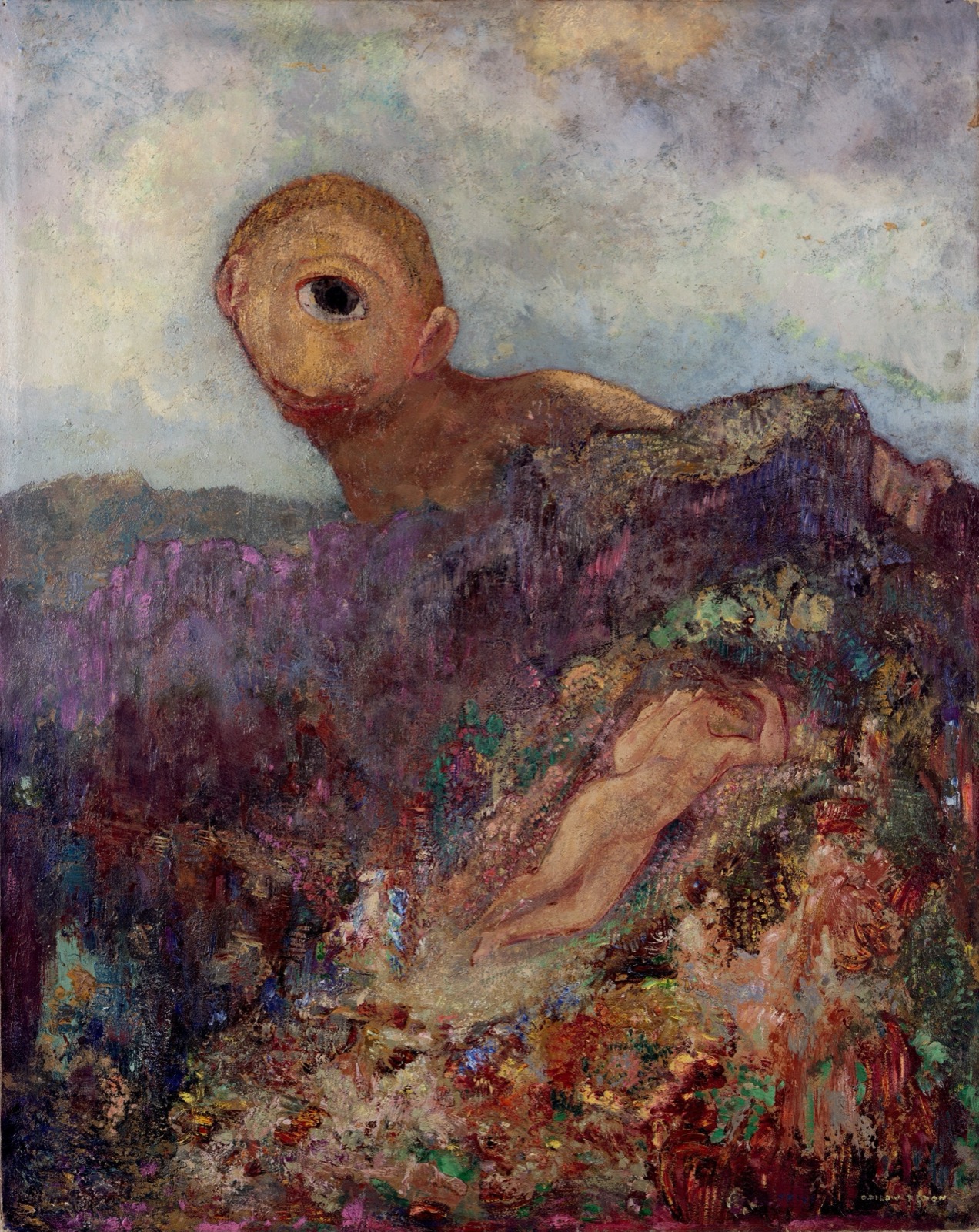 Cyclope observant une figure endormie dans un paysage onirique