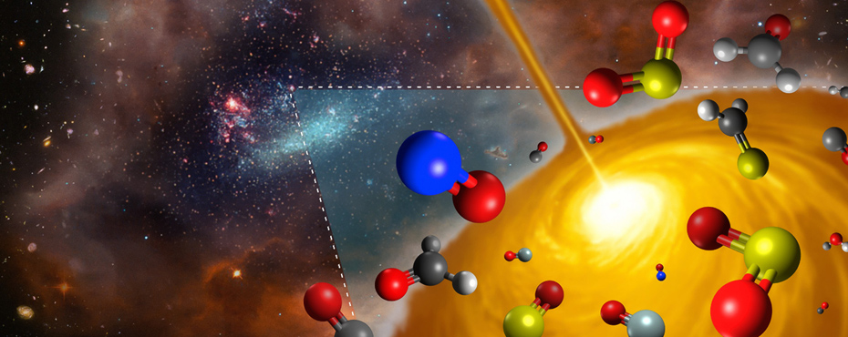 Illustration d'astrochimie montrant des molécules dans un environnement de formation stellaire