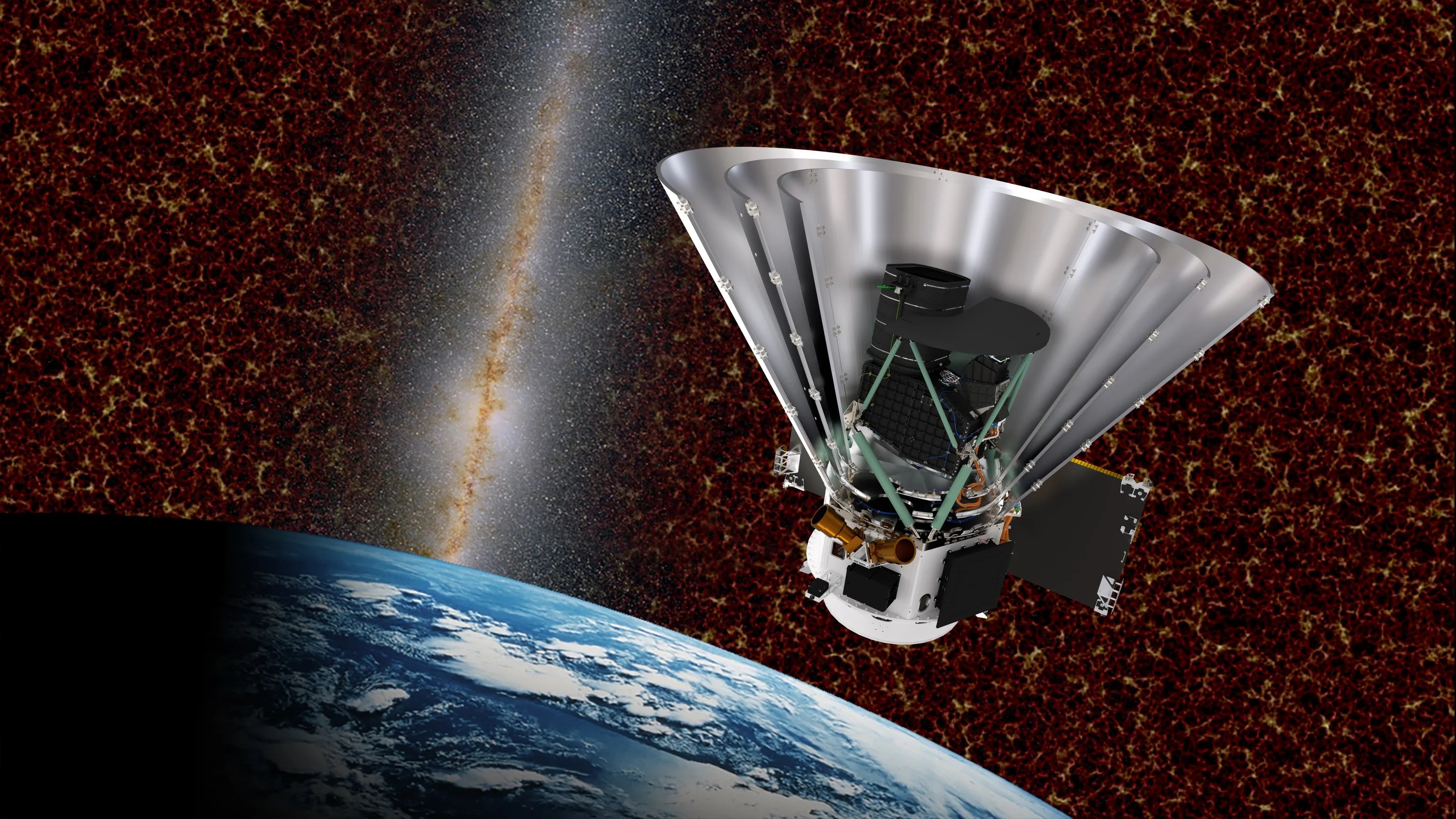 Illustration du télescope spatial SPHEREx devant la Voie lactée