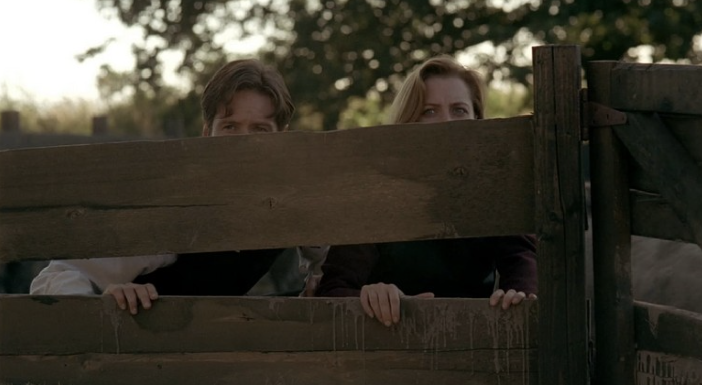 Mulder and Scully looking over a fence