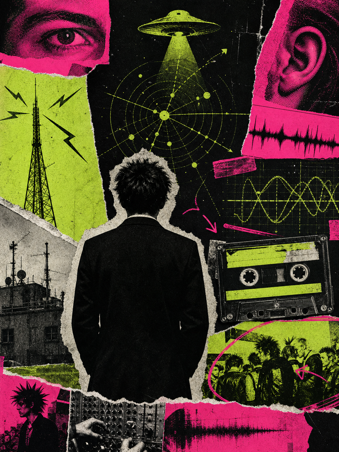Collage punk associant silhouette anonyme, OVNI, radio pirate, cassette et formes d'ondes