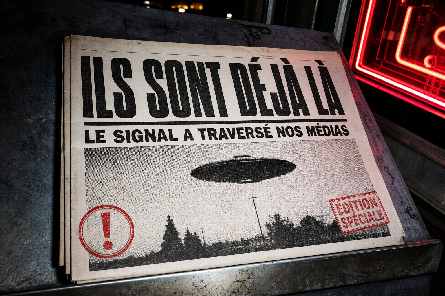 Fausse une de journal annonçant la présence extraterrestre et le passage d'un signal dans les médias