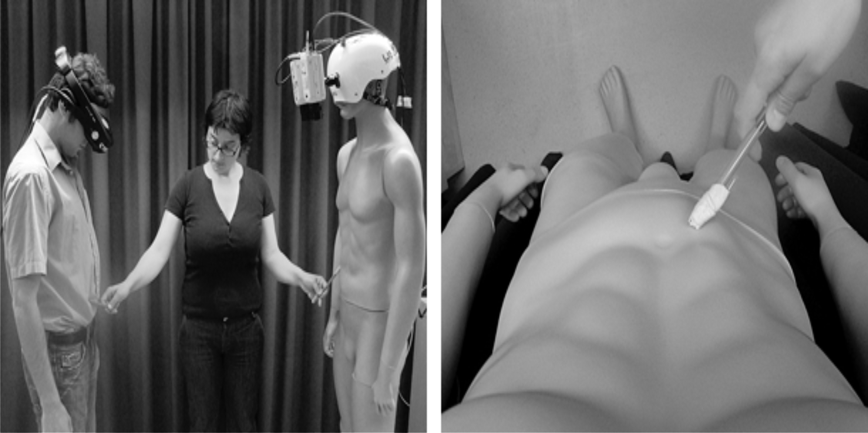 Dispositif expérimental de l’illusion d’échange corporel avec caméras, casque vidéo et mannequin