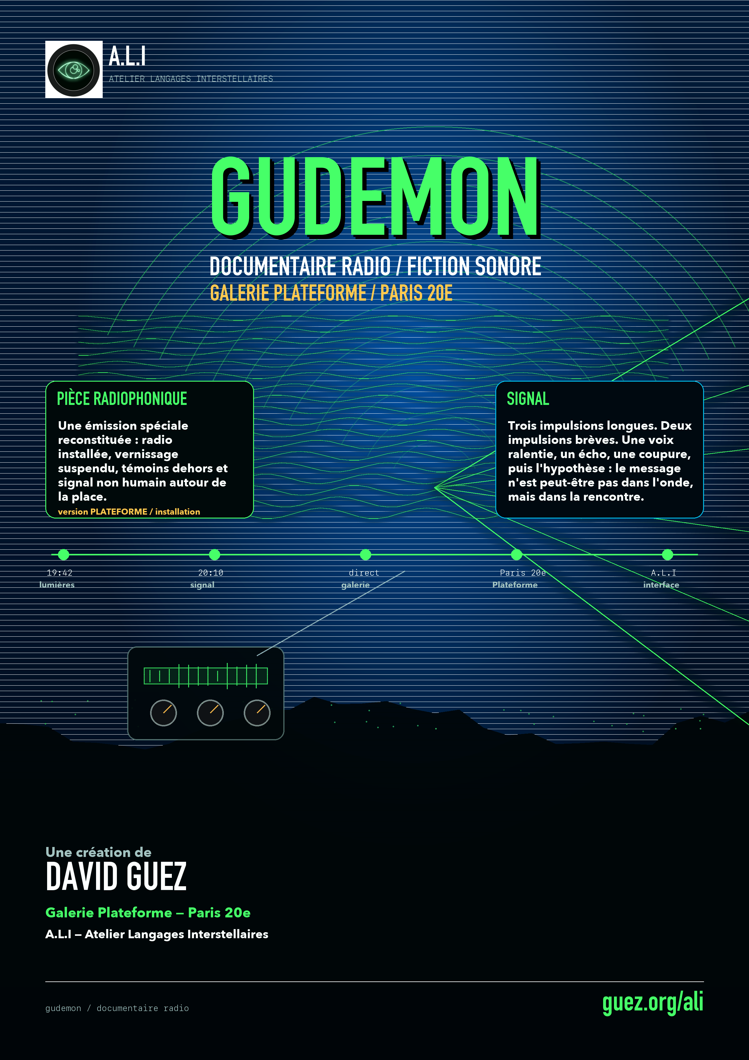 Affiche du dispositif sonore GUDEMON conçu pour la Galerie Plateforme