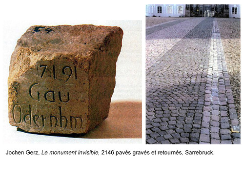 Jochen Gerz, Monument contre le racisme. Détail d’un pavé. Vue de la place du Monument Invisible. 1990-1993. Sarrebrück. Jochen Gerz, Monument contre le racisme. Détail d’un pavé. Vue de la place du Monument Invisible. 1990-1993. Sarrebrück.